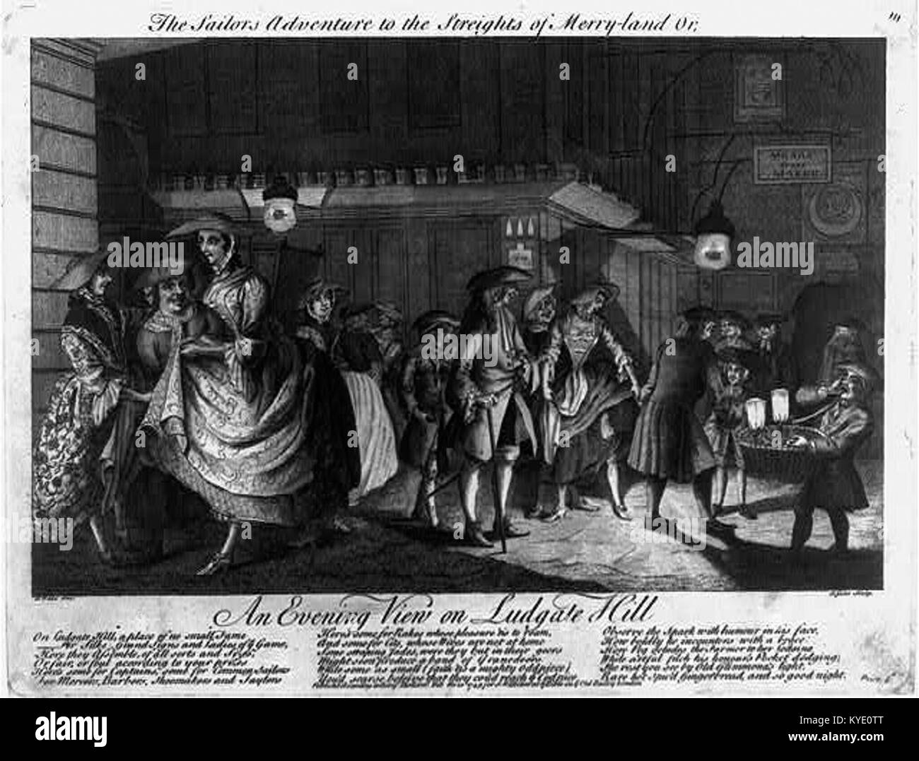 Une estampe du XVIIIe siècle intitulée The Sailor’s Adventure to the Streights of Merry-Land ou an Evening View on Ludgate Hill représente une scène de rue satirique de Londres reflétant la vie urbaine et l’humour britanniques. Banque D'Images