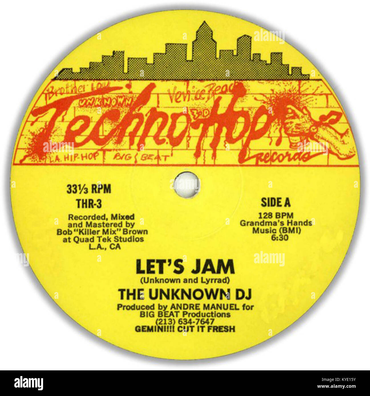 Let's Jam (Side A) de The Unknown DJ est un morceau électro-funk des années 1980, remarquable par son utilisation de boîtes à rythmes, synthétiseurs et techniques de production hip-hop influentes dans la musique électronique. Banque D'Images
