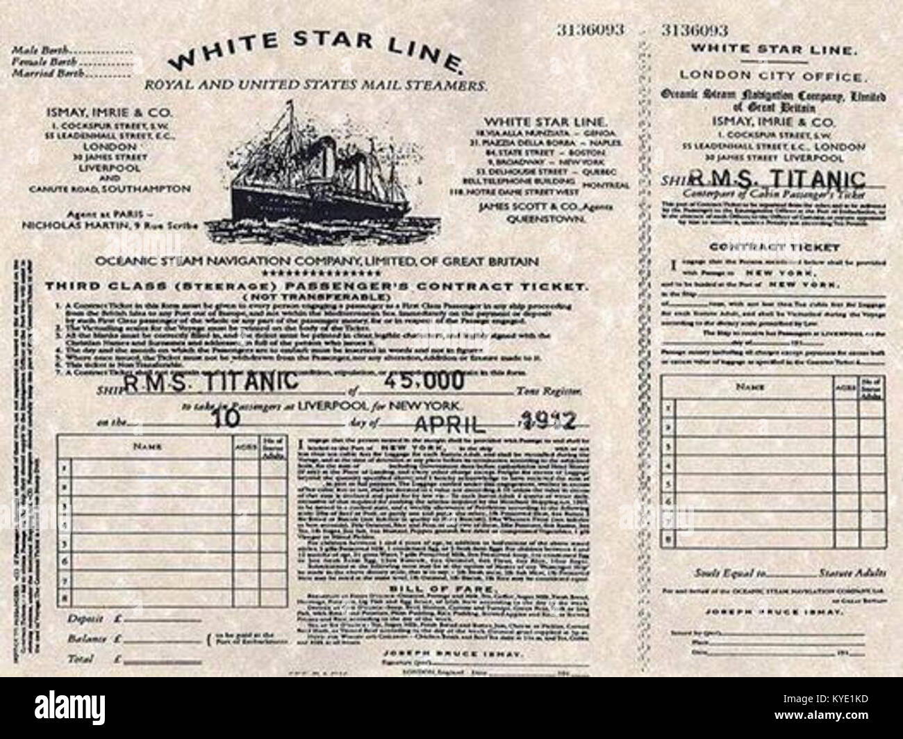 Ce billet contractuel de 1912 pour le RMS Titanic émis par la White Star Line documente le passage sur le voyage inaugural du navire, portant un texte imprimé et des informations sur les passagers du paquebot historique. Banque D'Images