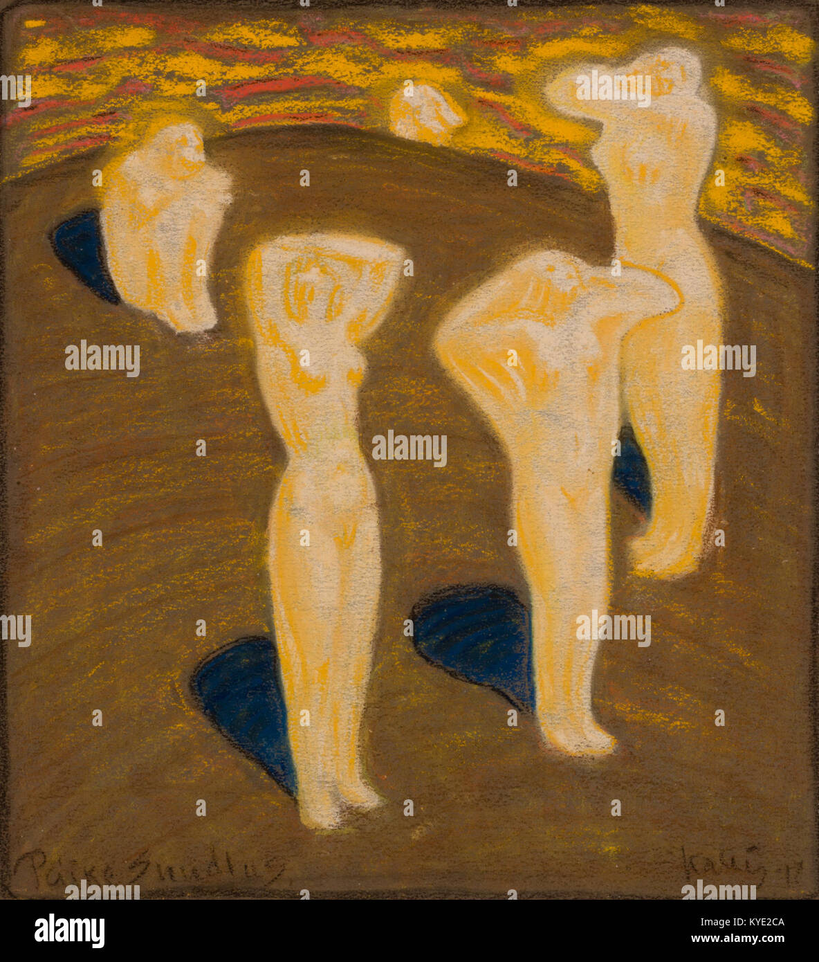 La peinture pastel « Päikese suudlus » (1917) de l’artiste estonien Oskar Kallis dépeint une scène ensoleillée lumineuse avec des figures mythiques embrassées sous une lumière dorée, évoquant le symbolisme romantique national du début du XXe siècle en Estonie. Banque D'Images