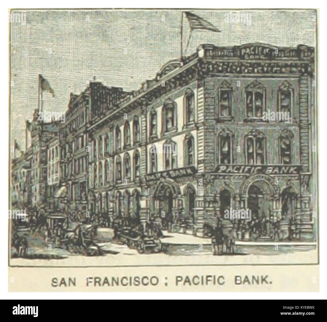 Une image de 1891 du bâtiment de la Pacific Bank à San Francisco, en Californie, montrant l'architecture commerciale de la fin du XIXe siècle et le développement du quartier financier de la ville au cours de cette période. Banque D'Images