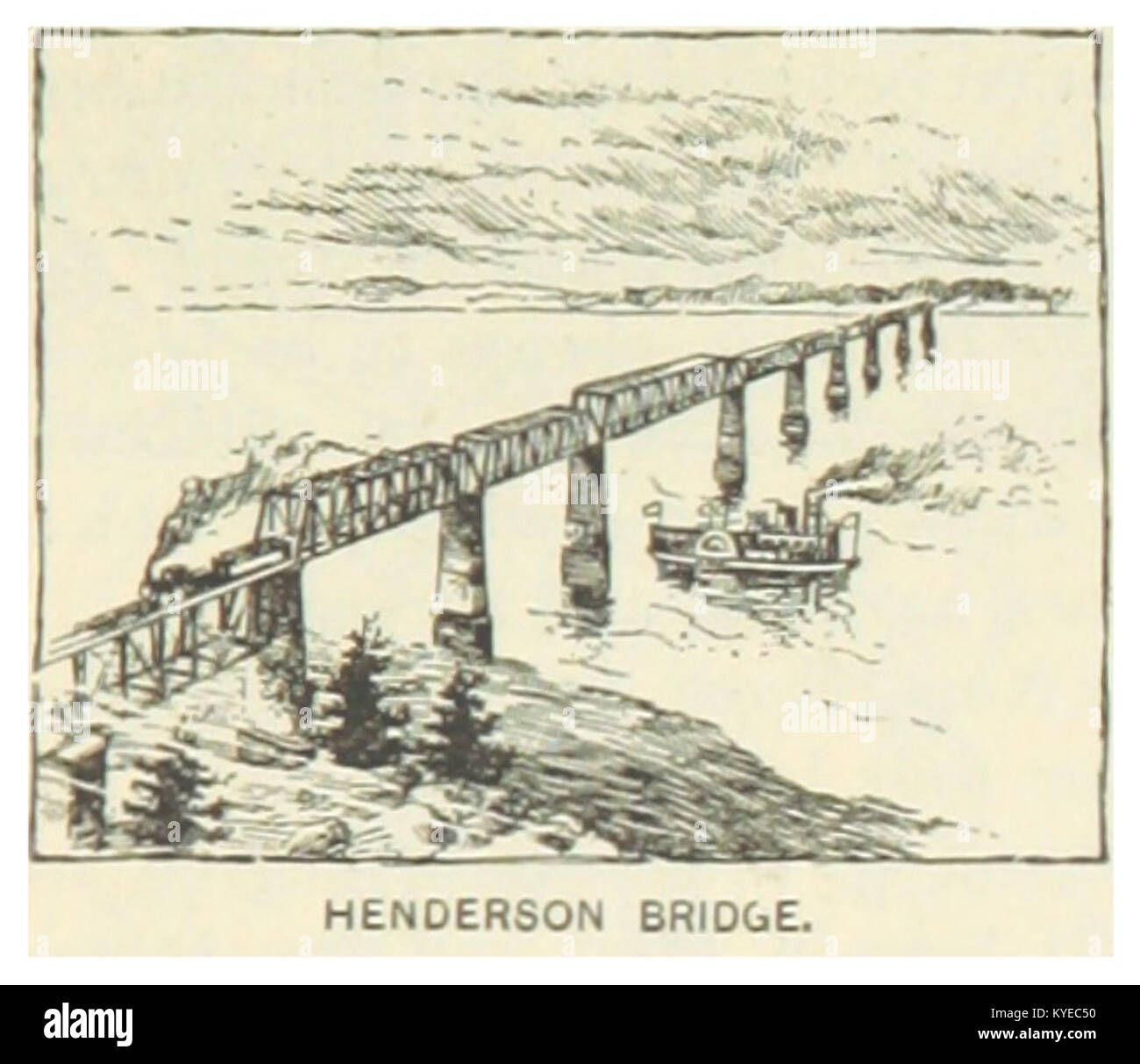 Photographie du pont Henderson dans le Kentucky, achevé en 1891, montrant la construction du pont, le franchissement de la rivière et l'infrastructure de transport de l'époque. Banque D'Images