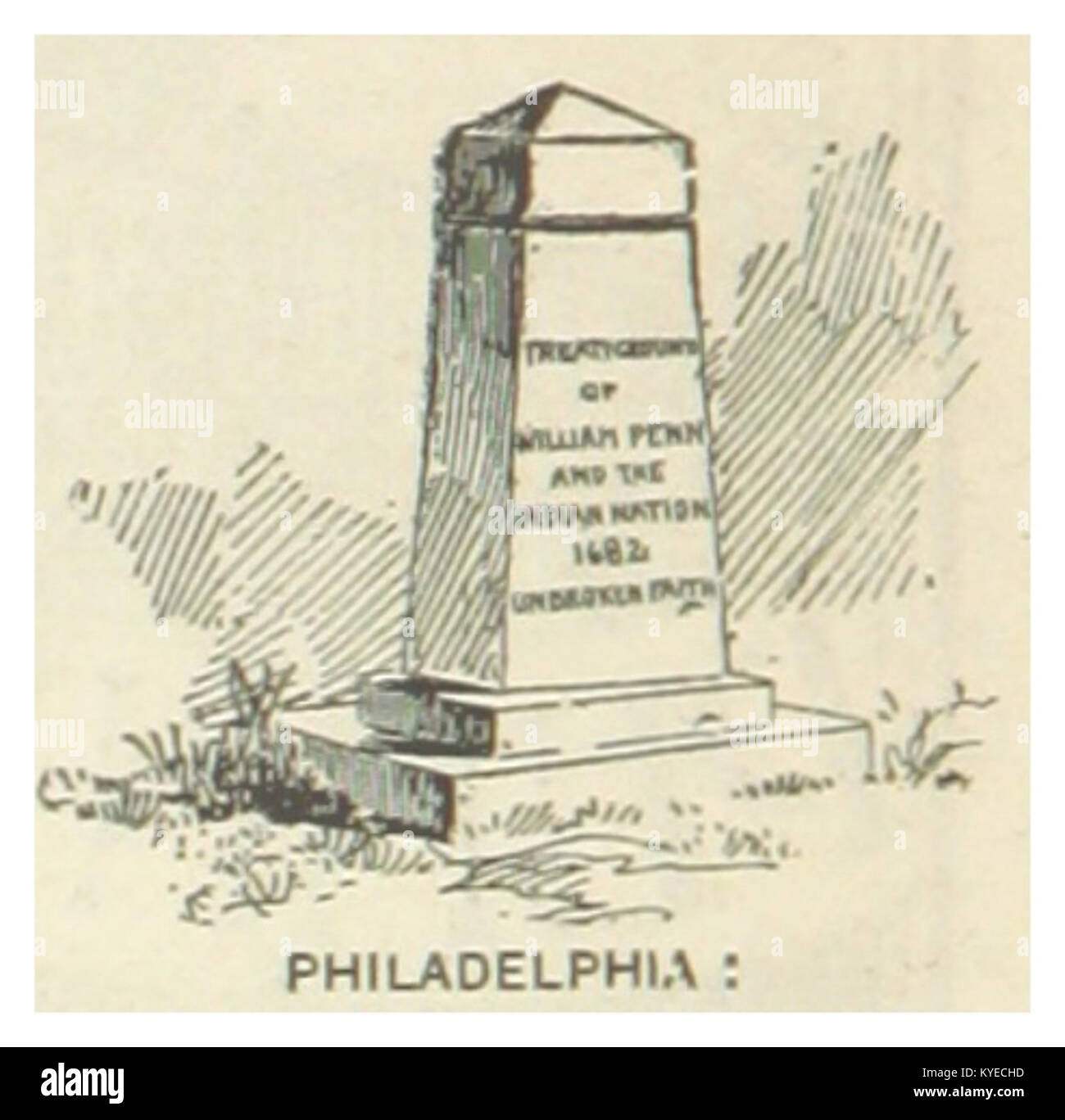 Photographie du Penn Treaty Monument à Philadelphie, Pennsylvanie, montrant le monument, le parc environnant et les éléments commémoratifs liés aux traités historiques de 1891. Banque D'Images