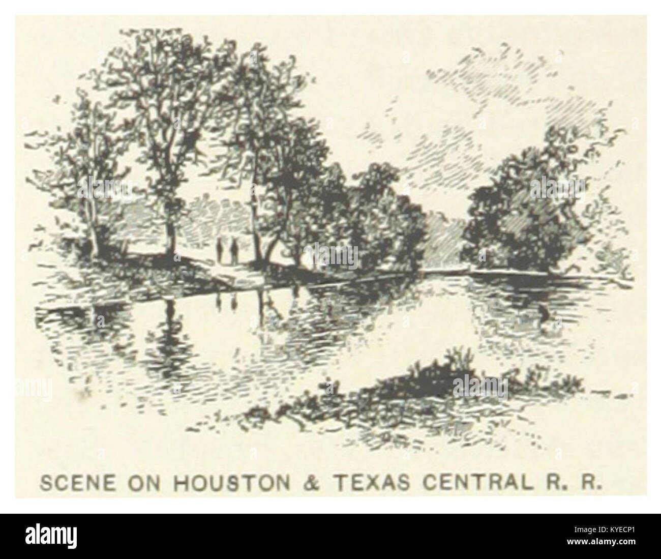 Une illustration de 1891 montrant une scène le long du Houston and Texas Central Railroad, représentant le transport et le développement économique au Texas à la fin du XIXe siècle. Banque D'Images