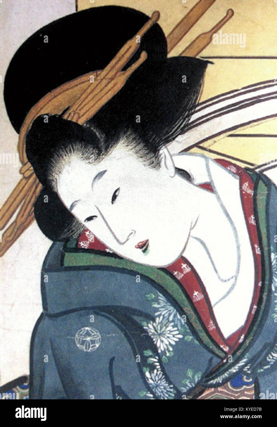 Une estampe sur bois de Kitagawa Utamaro, créée entre 1801 et 1804, intitulée Fukagawa no yuki, montrant une scène hivernale détaillée avec des figures et des plantes, y compris de l'herbe de bambou (kumaizasa). Banque D'Images