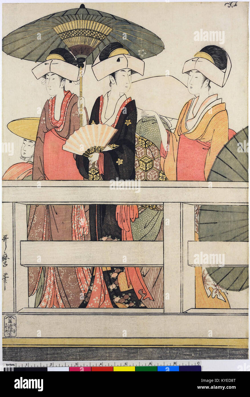 Une gravure sur bois ukiyo-e de Kitagawa Utamaro datant d'environ 1795–96, montrant des scènes sur et sous le pont Ryōgoku à Edo. La composition met en lumière la vie urbaine et l'activité fluviale à la fin du Japon d'Edo. Banque D'Images