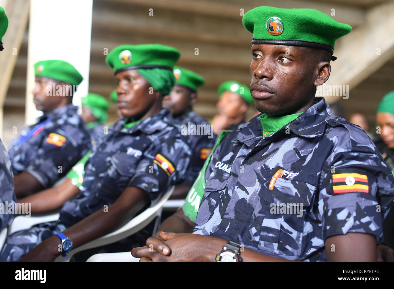 Membres de l'unité de police constituée ougandaise affectés à l'AMISOM lors d'une formation initiale à Mogadiscio, en août 2017. Banque D'Images
