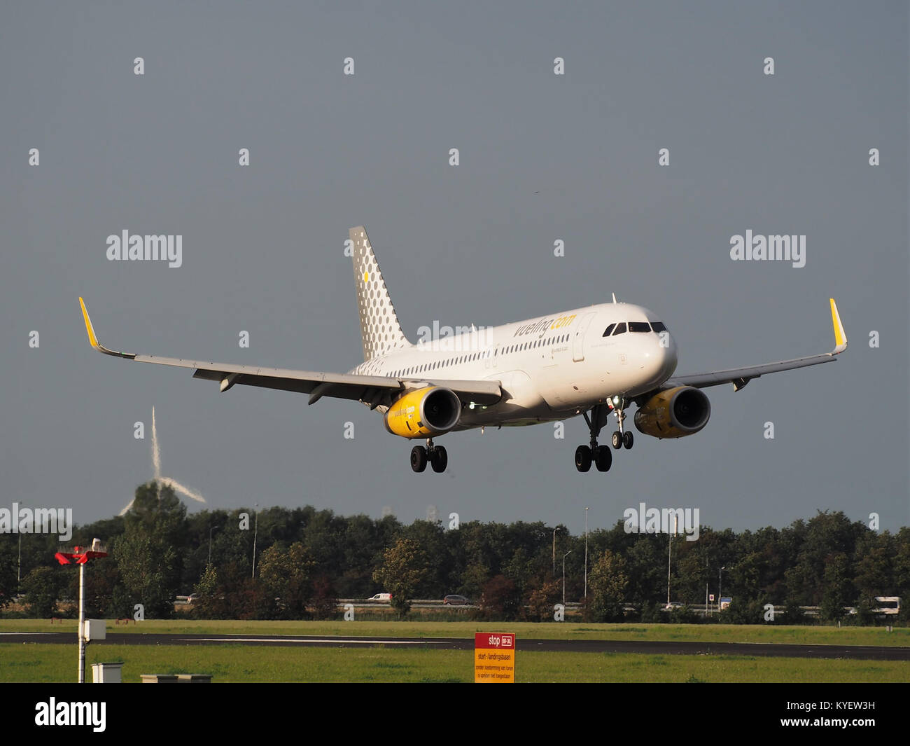Cette image montre l'Airbus A320-232 (WL) de Vueling, immatriculé EC-MFM, atterrissant à l'aéroport de Schiphol (AMS - EHAM), capturant un moment de l'aviation moderne en action. Banque D'Images
