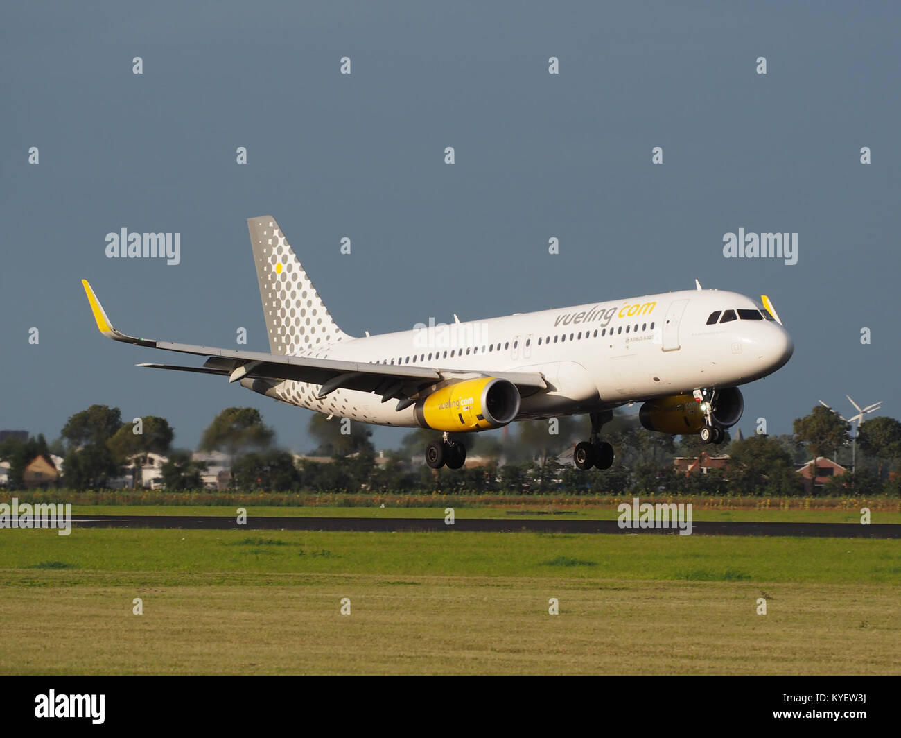 Photographie d'un Airbus A320-232(WL) immatriculé EC-MFM, exploité par Vueling Airlines, atterrissant à l'aéroport de Schiphol (AMS - EHAM). L’image montre l’avion lors de son approche et de son atterrissage dans l’un des aéroports les plus fréquentés d’Europe. Banque D'Images