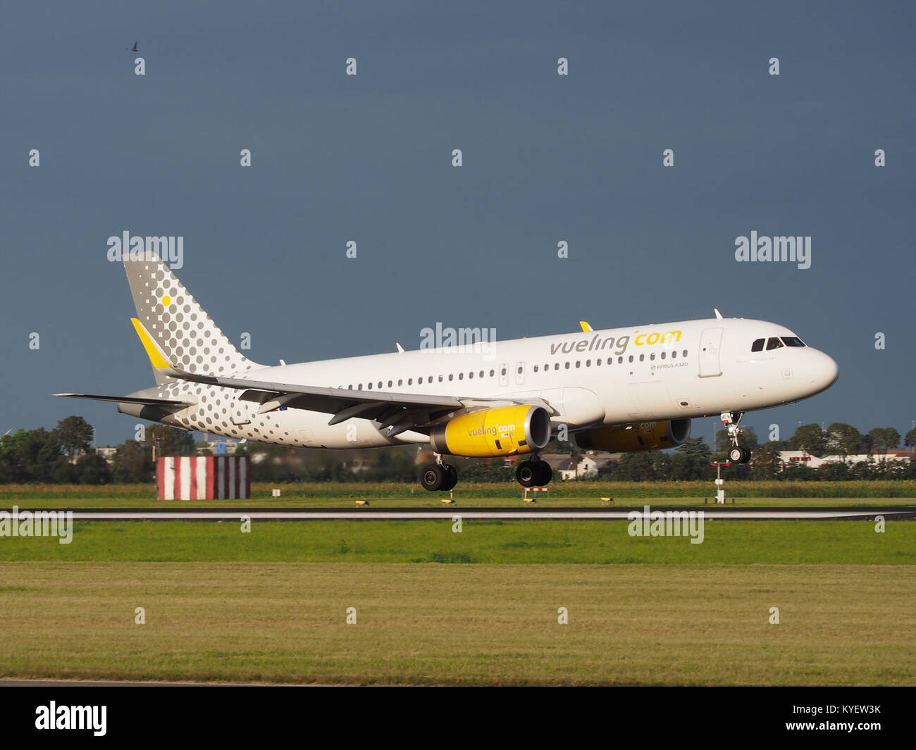 Un Airbus A320-232(WL) exploité par Vueling, immatriculé EC-MFM, atterrissant à l'aéroport de Schiphol (AMS - EHAM) à Amsterdam. L'avion fait partie de la flotte de Vueling, une compagnie aérienne espagnole low-cost. Banque D'Images