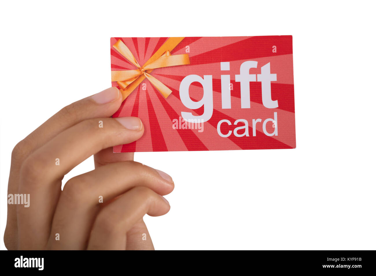 Close-up of Person's Hand Holding Gift Card Against White Background Banque D'Images
