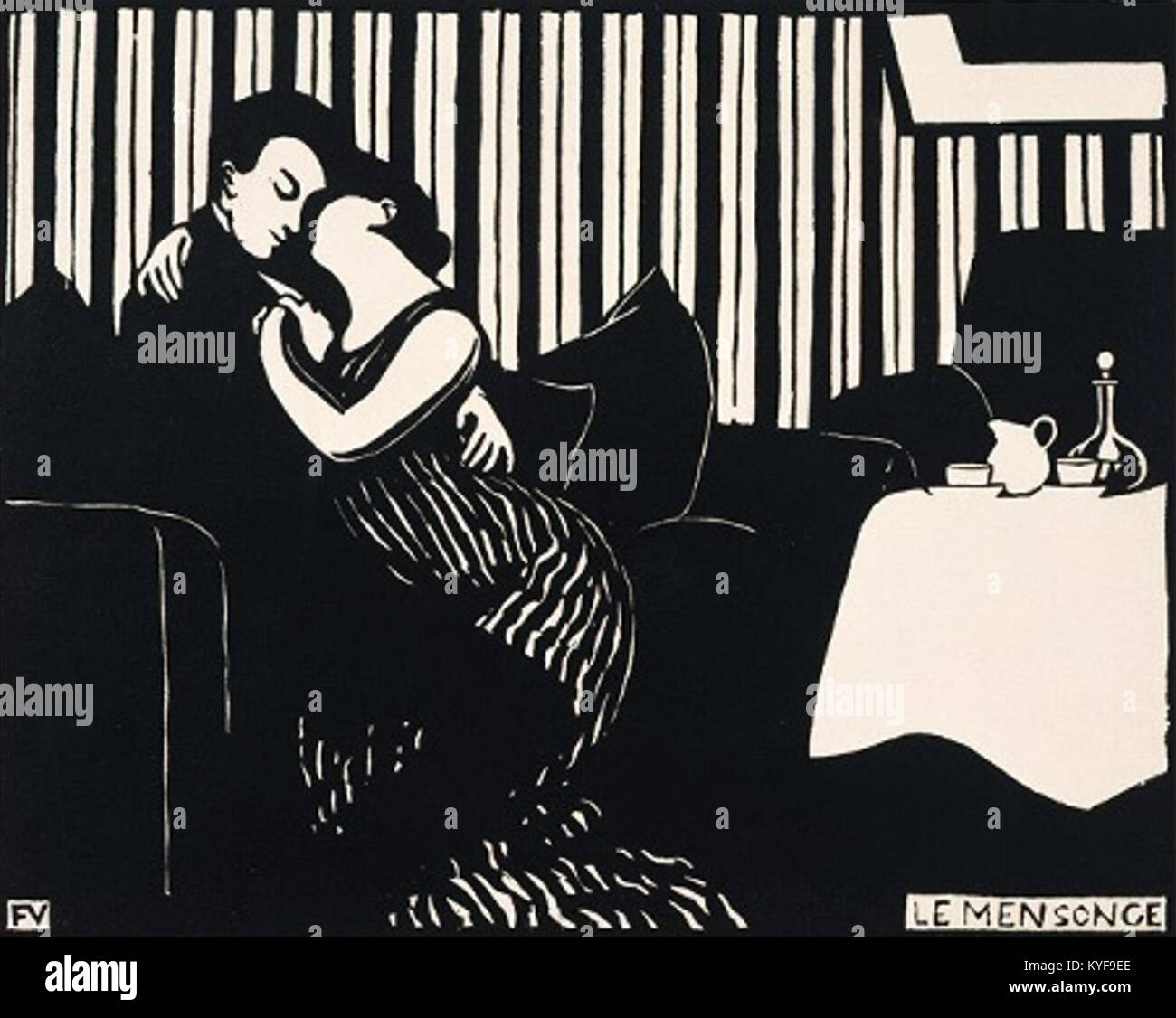 Une estampe ou une œuvre de Félix Vallotton, illustrant des thèmes de narration ou de commentaire social à travers la composition graphique et le style. Banque D'Images