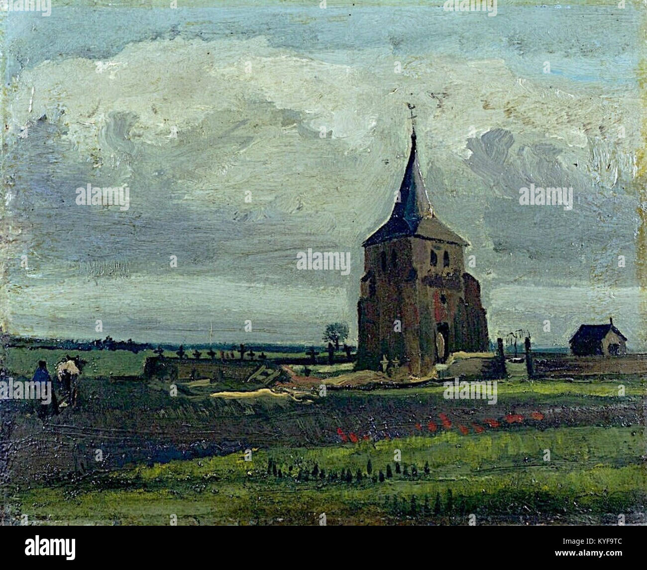 Cette peinture de Vincent van Gogh représente l'ancienne tour du cimetière de Nuenen avec des fermiers labourant les champs, illustrant la vie rurale aux pays-Bas au XIXe siècle. Banque D'Images