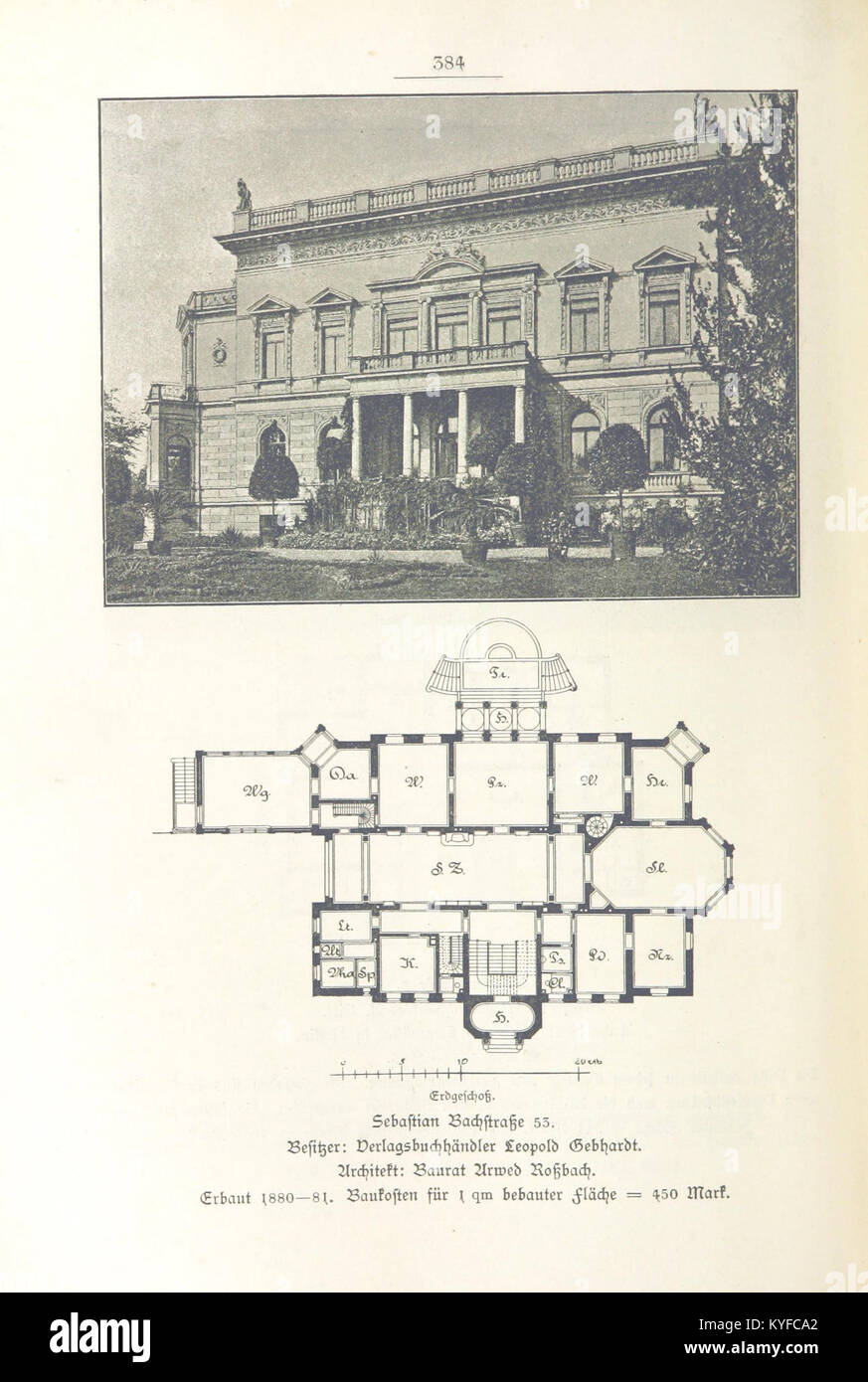 Villa Leopold Gebhardt, situé à Leipzig sur Sebastian-Bach-Strasse, est présenté dans le livre de 1892 'Leipzig und Seine Bauten'. La villa représente une conception architecturale du XIXe siècle à Leipzig, en Allemagne. Banque D'Images