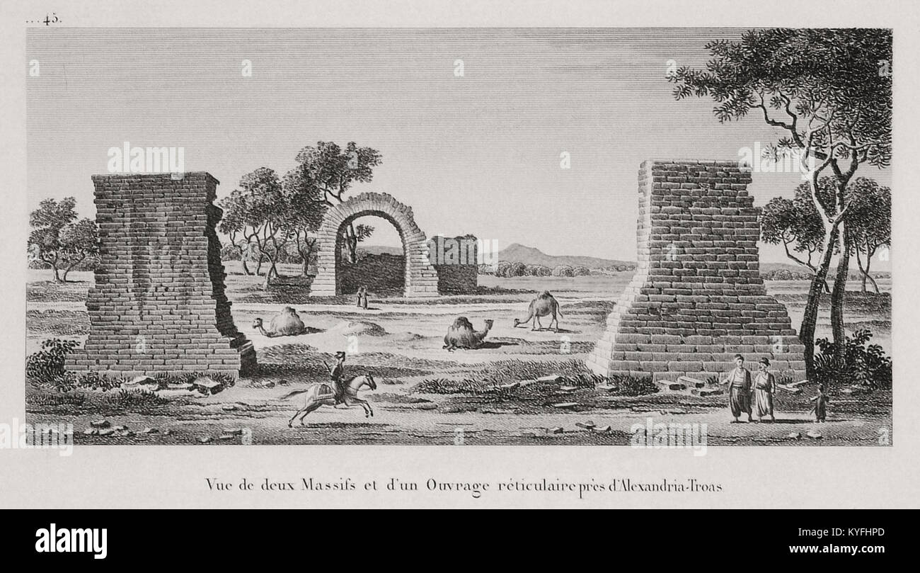 Cette illustration de 1822 de Gabriel Florent Auguste de Choiseul-Gouffier représente les deux massifs et une structure en treillis près d'Alexandrie-Troas, offrant une vue historique de l'architecture ancienne et des paysages naturels. Banque D'Images