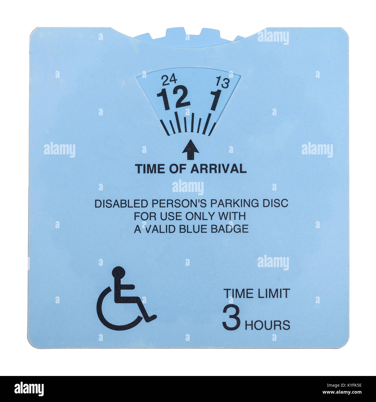 L'indicateur de l'heure d'arrivée pour une utilisation avec un disque de stationnement de la personne handicapée ou badge bleu Banque D'Images