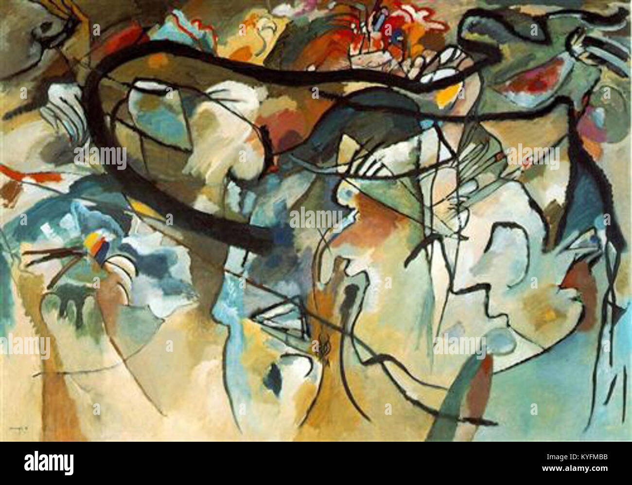 *Komposition V* (1911) de Wassily Kandinsky est une œuvre pionnière dans l'abstrait La peinture présente des formes géométriques audacieuses et des couleurs vibrantes, reflétant l'exploration par Kandinsky des formes non représentatives. Il représente son intérêt croissant pour l'expression spirituelle et émotionnelle à travers la composition abstraite. Banque D'Images