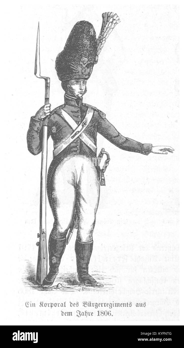 Un document historique représentant un caporal du Bürgerregiment en 1806, illustrant les rangs militaires et l'organisation au début du XIXe siècle en Allemagne. Banque D'Images