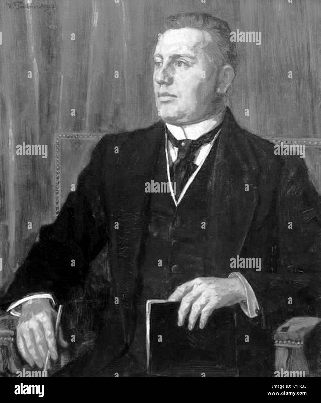 Portrait en noir et blanc de Karl Haberstock peint par Wilhelm Trübner, illustrant le style de portrait et la représentation formelle à la fin du XIXe siècle en allemand Banque D'Images