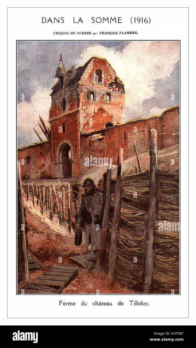 Illustration de François Flameng représentant des scènes de la première Guerre mondiale, parue dans le magazine "L'illustration" le 15 juin 1918. L'image montre les activités militaires pendant la guerre. Banque D'Images