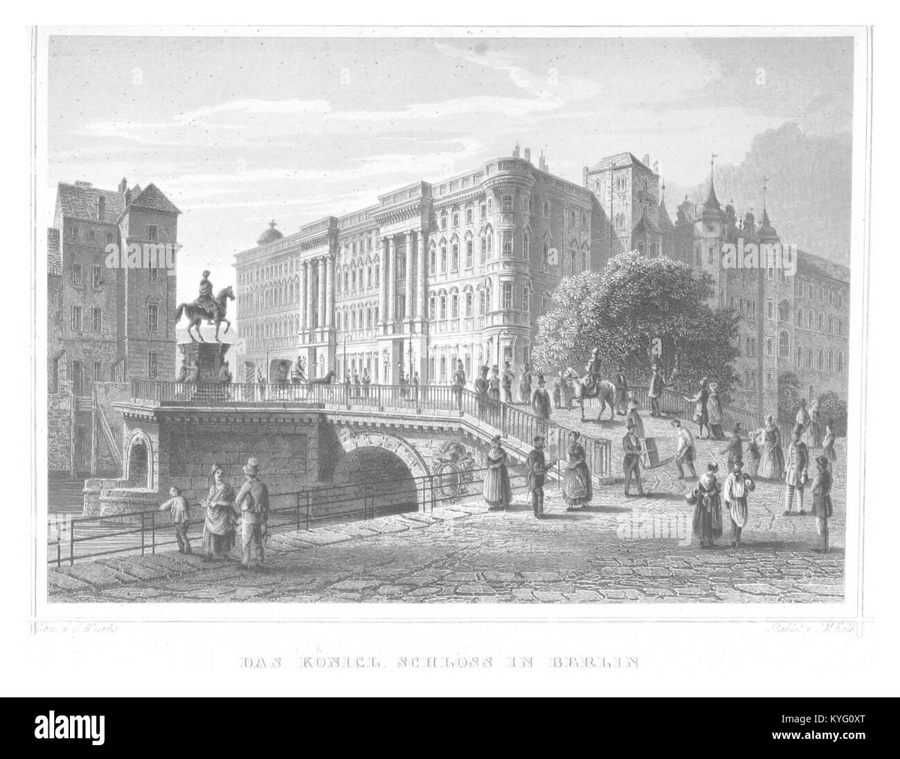 La gravure Poppel de 1852 représente le Königsschloss (Palais Royal) de Berlin, soulignant la grandeur de ce chef-d’œuvre architectural et son rôle dans l’histoire prussienne. Banque D'Images