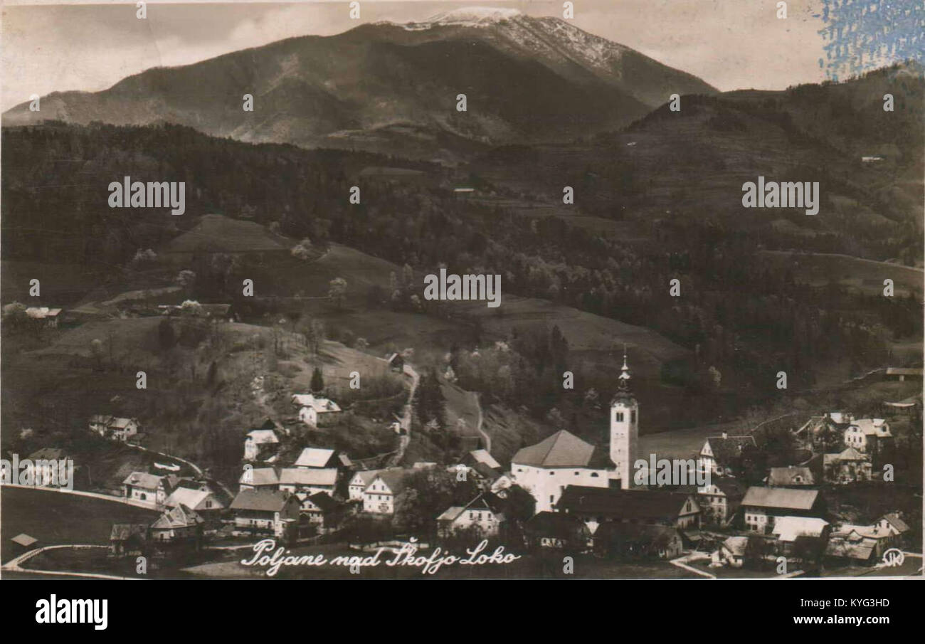 Une carte postale de 1937 représentant Poljane nad Škofjo Loko, un village de Slovénie. L'image met en valeur la beauté naturelle du village et son architecture rurale. Banque D'Images