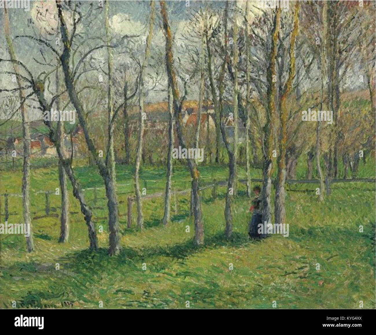 'Prairie de Bazincourt' (1885) de Camille Pissarro, une peinture impressionniste représentant le paysage rural, les champs, les arbres et la lumière atmosphérique dans la région de Bazincourt Banque D'Images