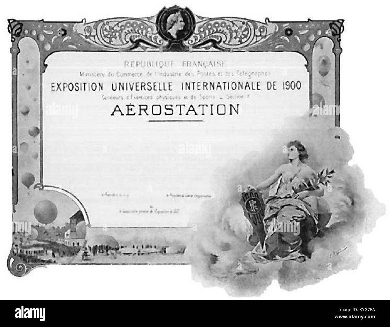Cette publicité pour le concours de montgolfières à l'exposition universelle de 1900 souligne le rôle de l'événement dans la présentation des innovations en vol et des avancées technologiques à l'exposition universelle. Banque D'Images