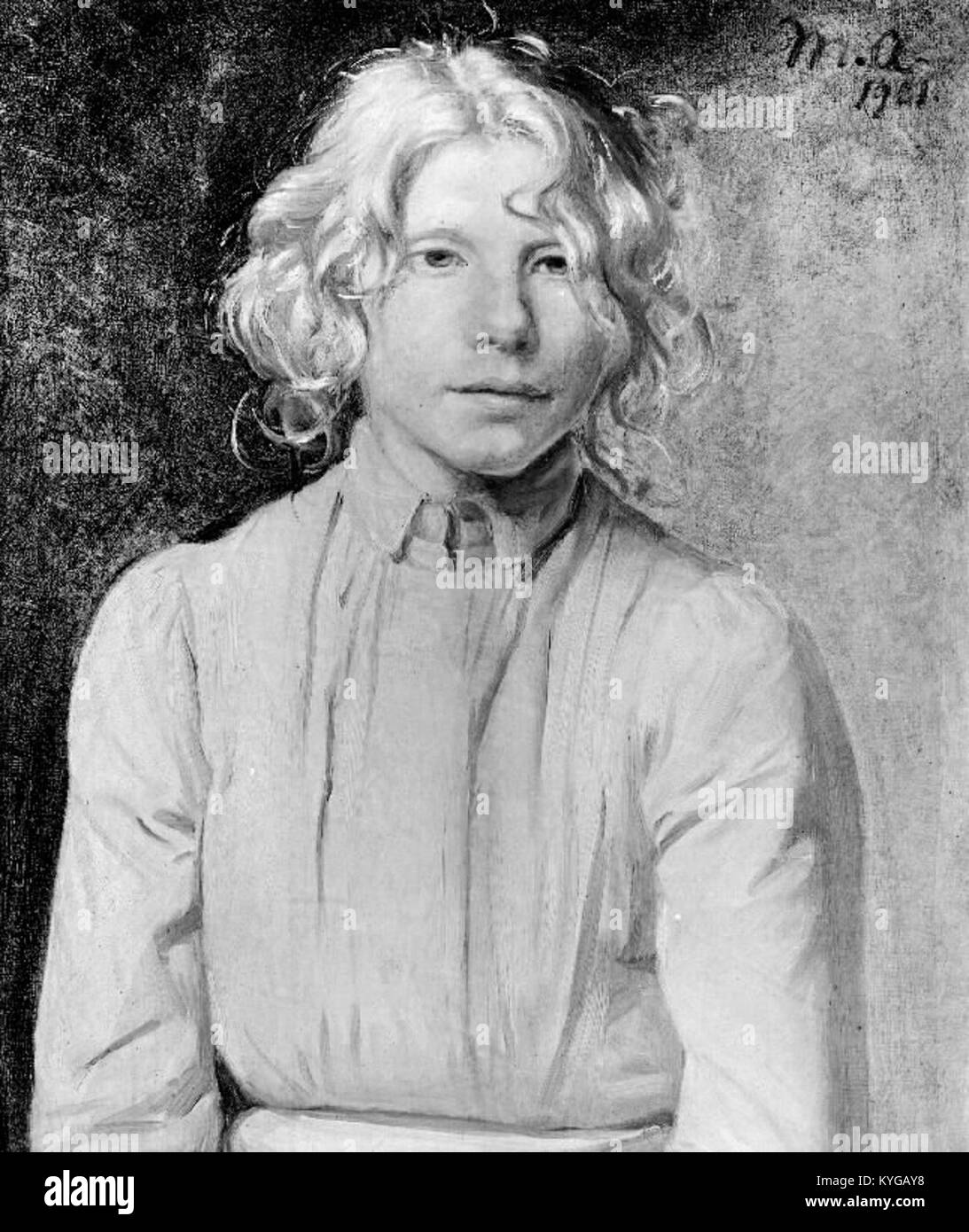 Peinture 'Rødklædt Skagenspige' de Michael Ancher représentant une jeune fille vêtue de rouge de Skagen, au Danemark, reflétant l'art et le réalisme danois de la fin du XIXe siècle. Banque D'Images