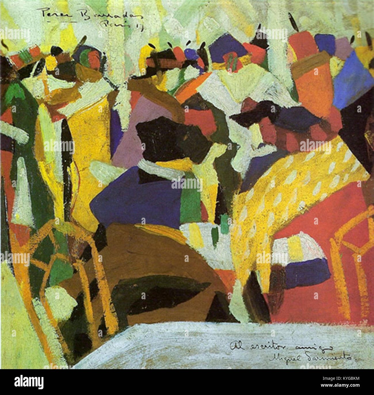 Rafael Barradas' 1913 peinture 'Escena de café' dépeint une scène de café animée avec des influences modernistes, illustrant l'interaction sociale et la vie urbaine au début du XXe siècle Banque D'Images