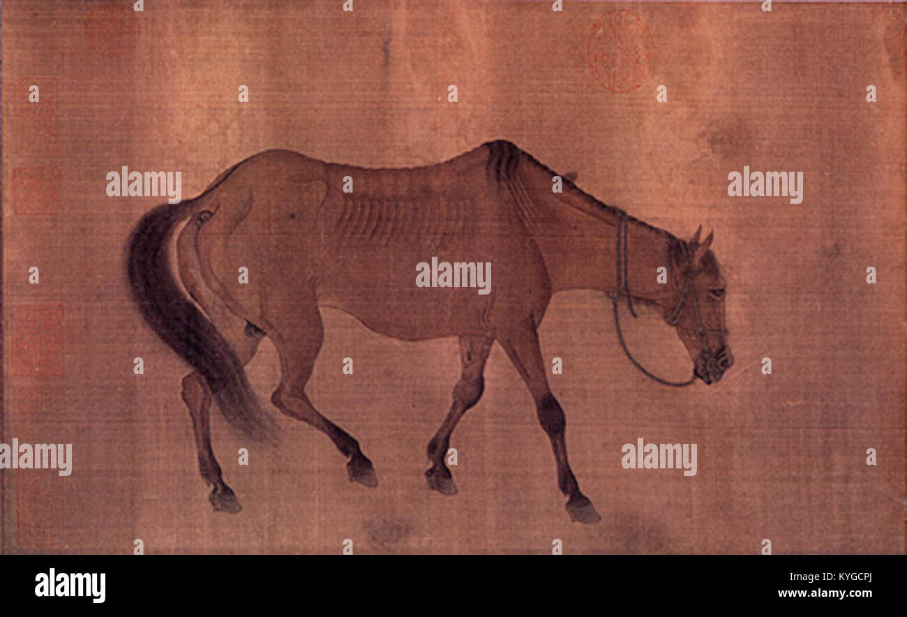 Ce détail de l'œuvre d'art 'deux chevaux' de Ren Renfa, un peintre chinois de la dynastie Yuan, met en valeur l'artisanat fin et le style expressif pour lequel Ren Renfa est connu, en particulier dans ses représentations d'animaux. Banque D'Images