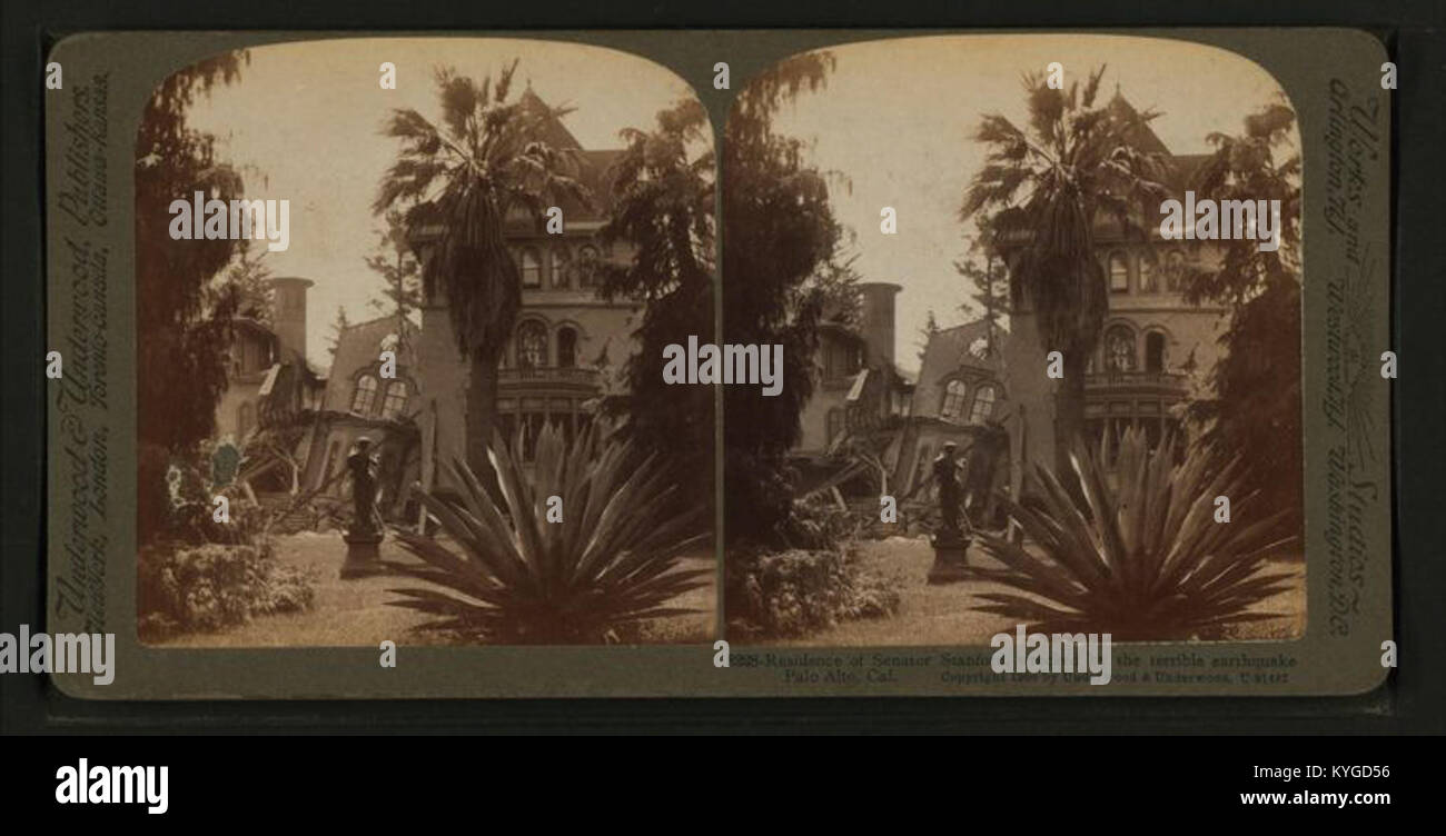 Vue stéréoscopique de la résidence du sénateur Stanford à Palo Alto, Californie, montrant les dommages causés par un tremblement de terre et des détails architecturaux, conservés dans la collection Robert N. Dennis. Banque D'Images