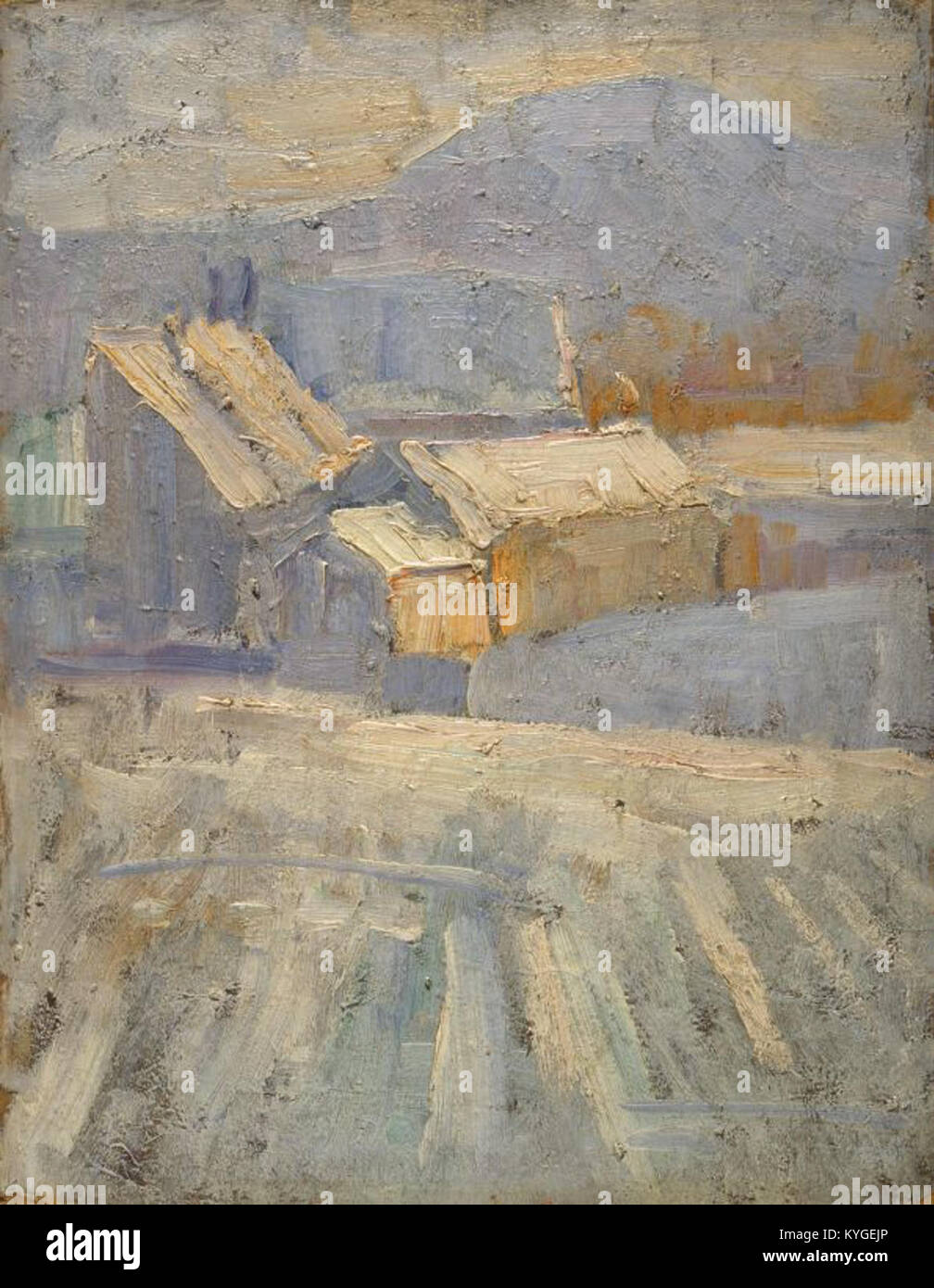 Tableau de Rihard Jakopič montrant un paysage hivernal le long de la rivière Gradaščica, illustrant la neige, les arbres et les paysages ruraux. Banque D'Images