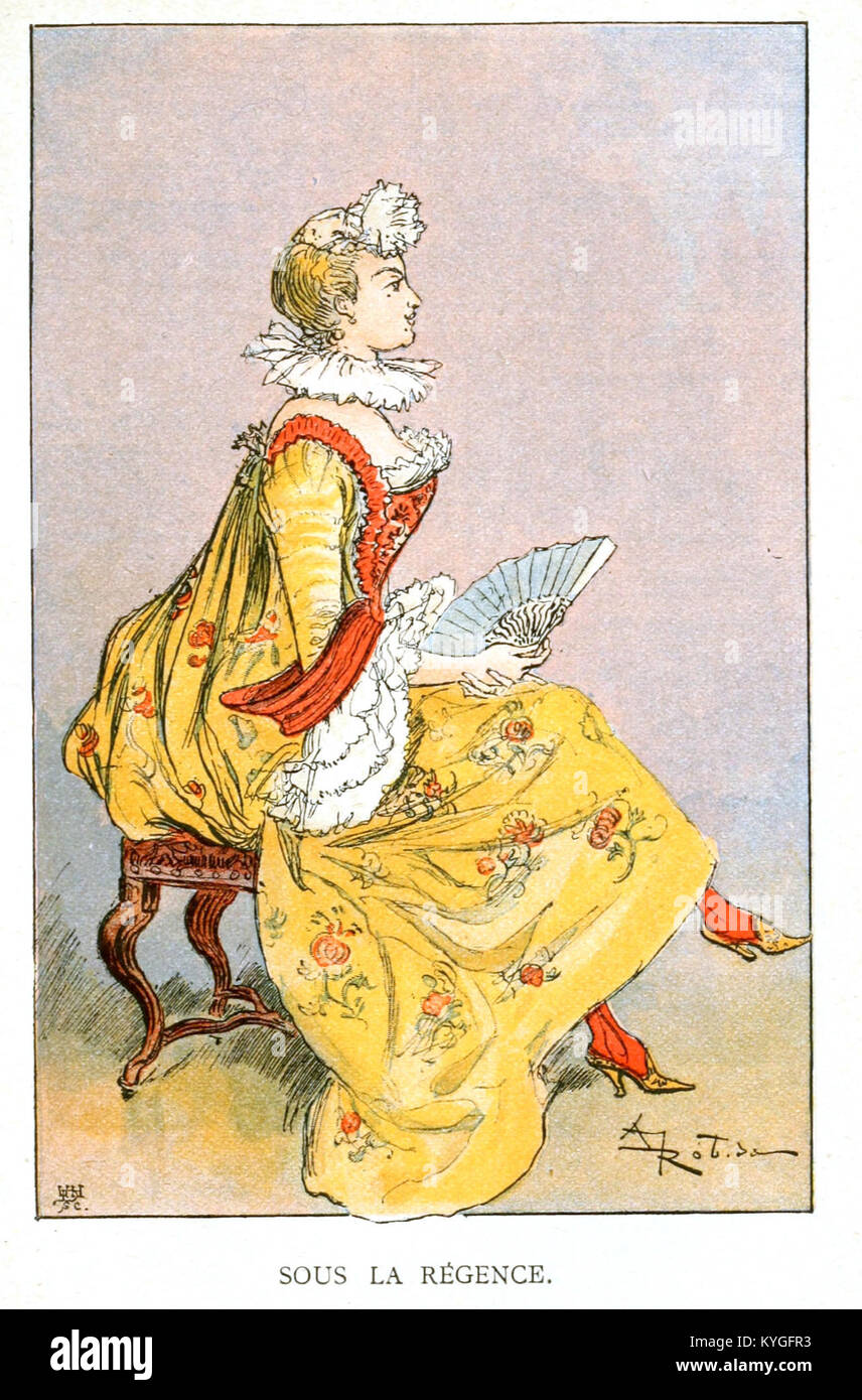 1891 illustration d'Albert Robida, Mesdames nos aîeules, montrant la mode et l'élégance féminines françaises des siècles passés. Banque D'Images