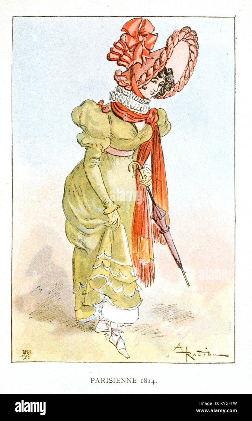 1891 Albert Robida illustration, "Mesdames nos aîeules", montrant la mode féminine et les vêtements élégants du siècle dernier. Banque D'Images