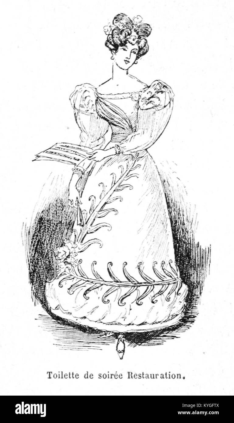 Une illustration de 1891 d'Albert Robida intitulée "Mesdames nos aîeules", mettant en valeur la mode et l'élégance des siècles passés. Cette pièce offre une vision historique de l’habillement et de la culture des époques antérieures de la société française. Banque D'Images