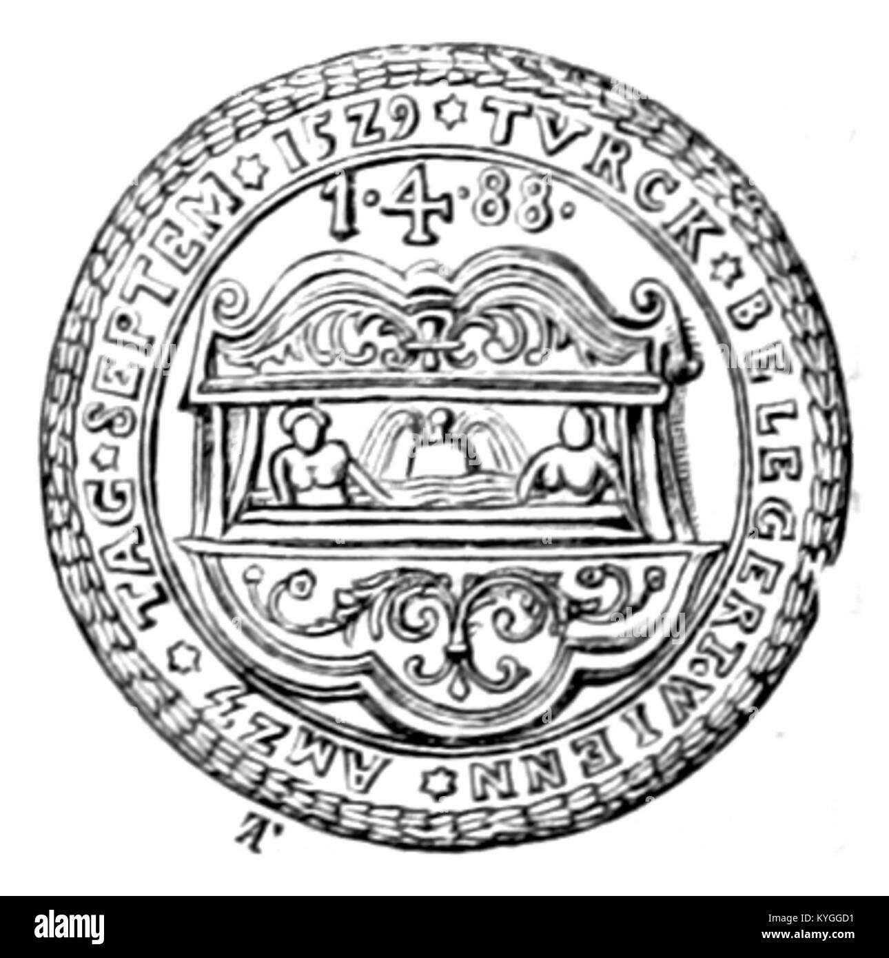 Illustration d'un sceau de ville documenté par Rollett (1880), commémorant l'invasion turque du 23 septembre 1529, montrant un dessin héraldique, du texte et des symboles historiques. Banque D'Images