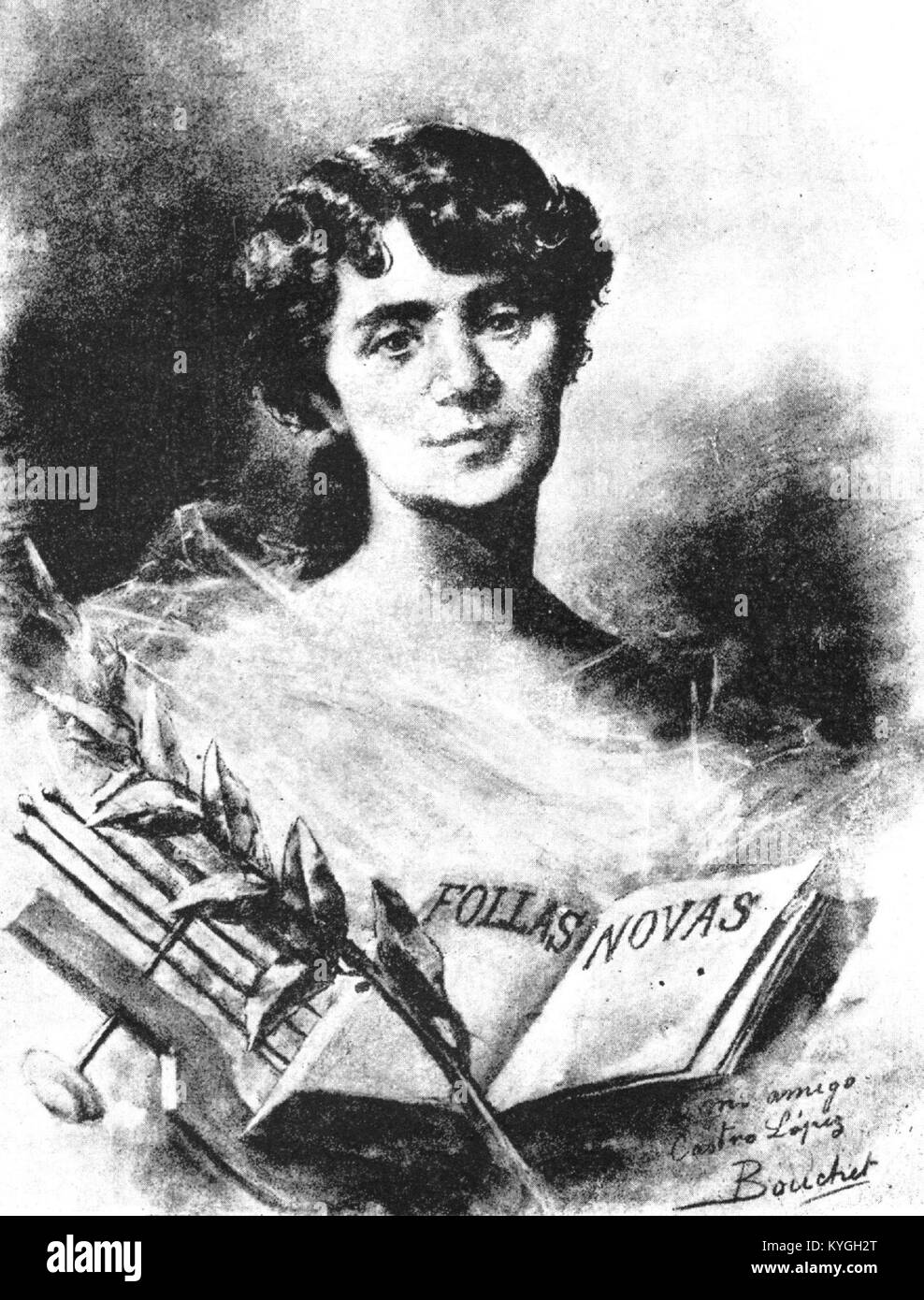 Cette œuvre de 1897 de José Bouchet met en scène Rosalía Castro de Murguía, dédiée à son ami Manuel Castro López, illustrant le style de portrait de l'époque. Banque D'Images