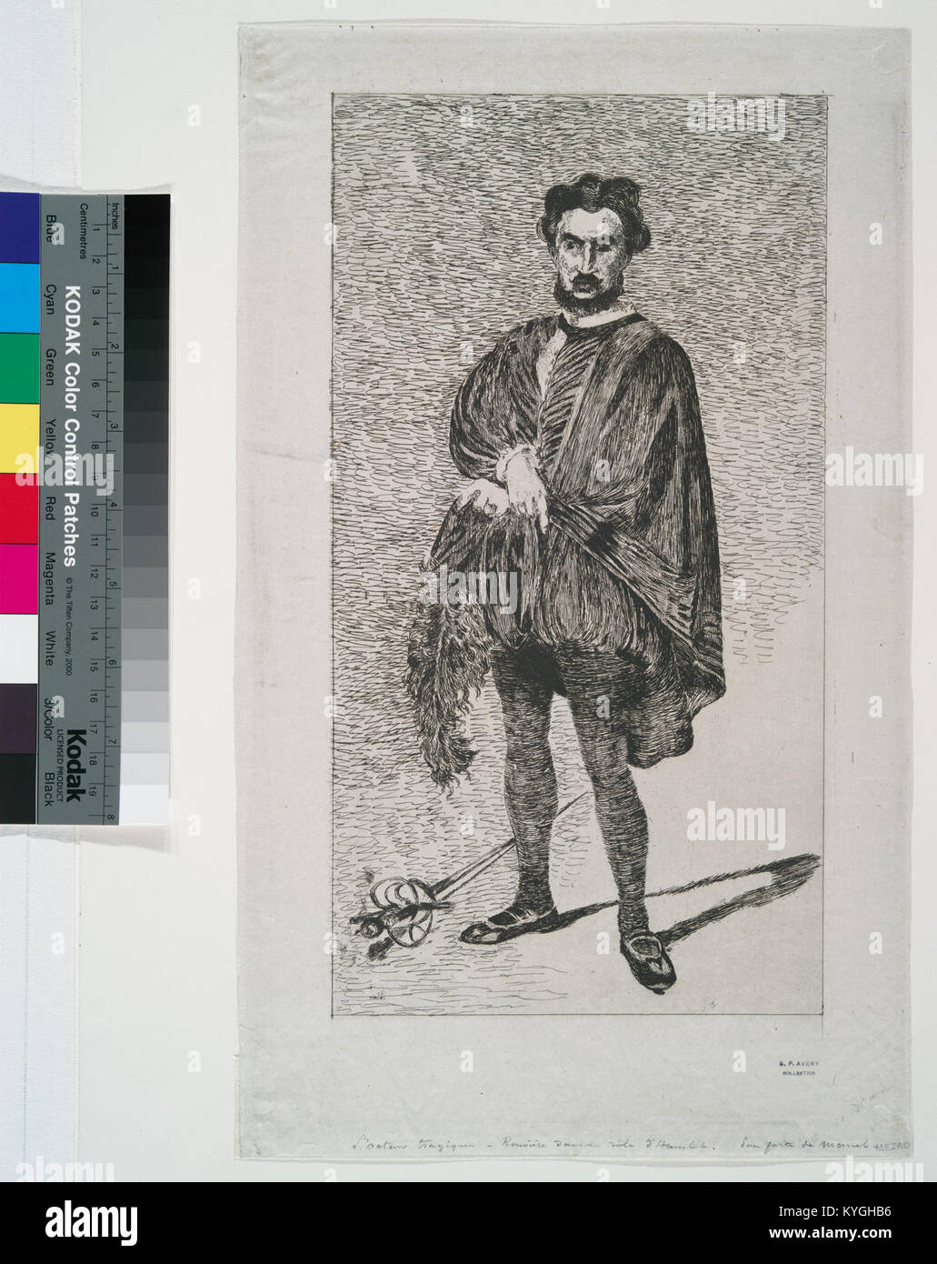 Photographie de Rouvière jouant le rôle de Hamlet, montrant l'acteur en costume, mise en scène et pose dramatique de la production. Banque D'Images