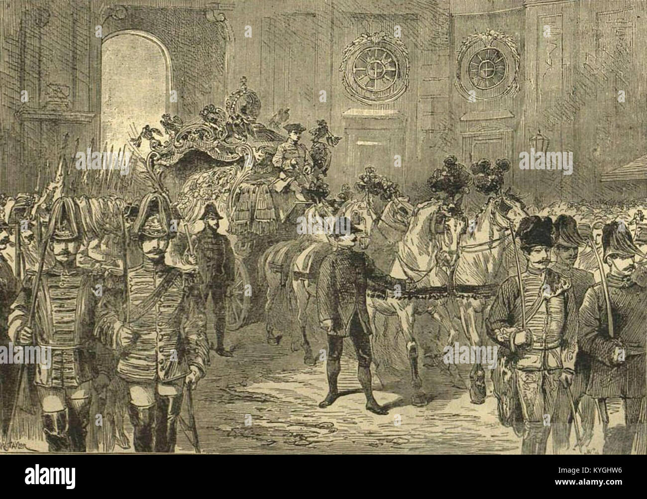 L'image de 1889 représente une procession ou un mouvement public dirigé par Rudolf Gypszmenete, illustrant des événements publics européens du XIXe siècle, des rassemblements cérémoniels et des pratiques sociales. Banque D'Images