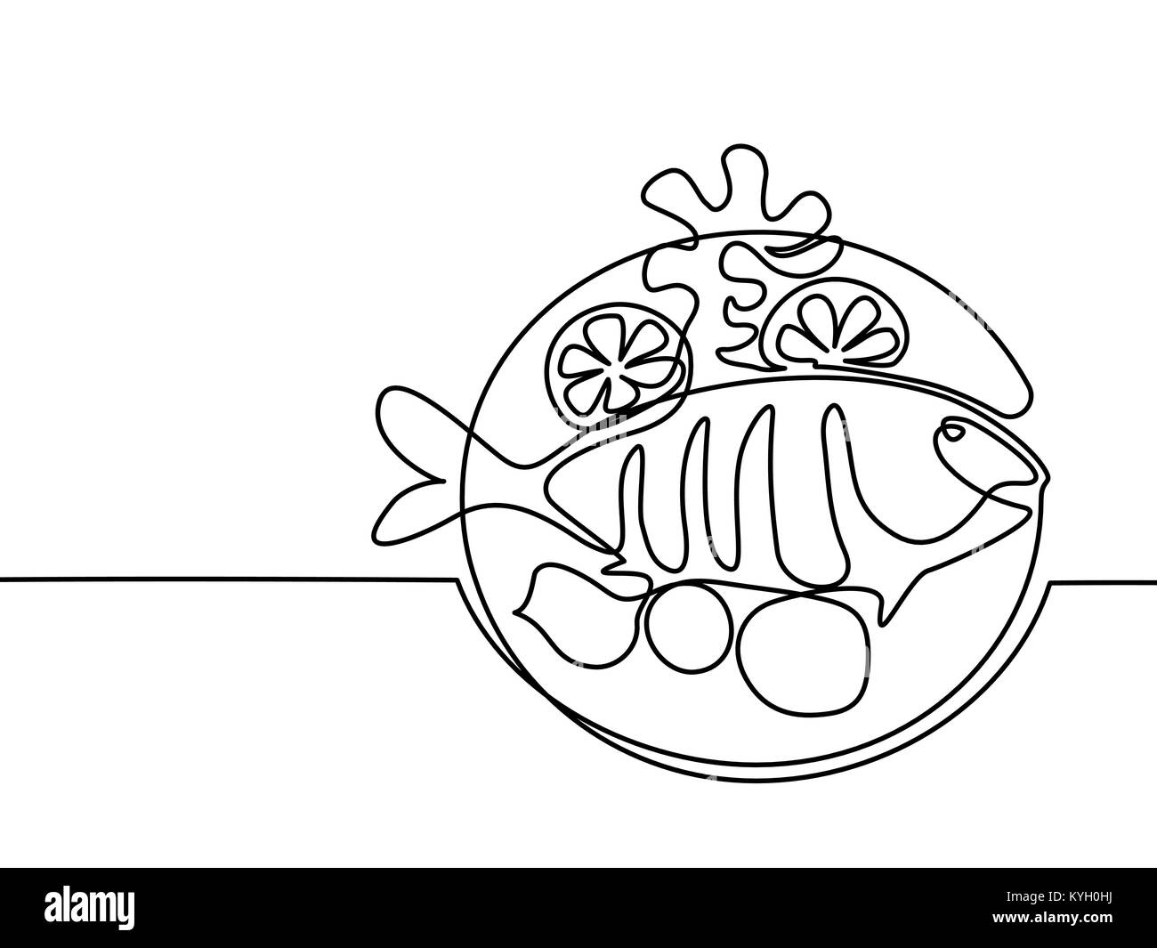 Les poissons grillés sur la plaque avec le citron et la pomme de terre. Illustration de Vecteur