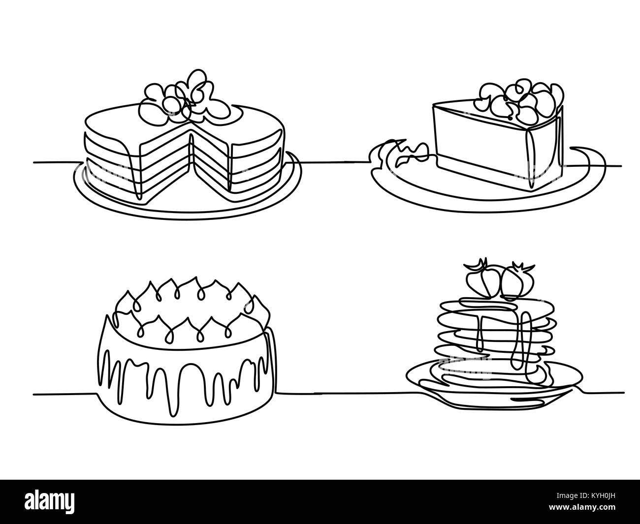 Set de dessin de ligne continu grand gâteau Illustration de Vecteur