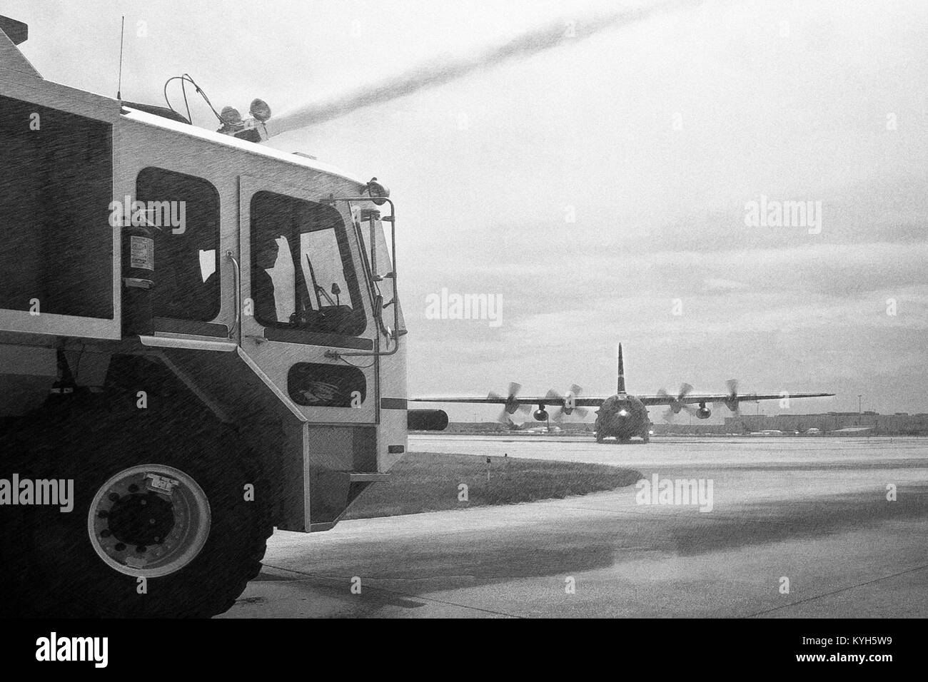 Un Air National Guard C-130 taxis sur la ligne de vol à la 123e Airlift Wing à Louisville, Ky., août 12, 2012, comme les camions d'incendie de base dans l'eau animaux salut symbolique au colonel Greg Nelson's sortie finale comme le commandant d'ici. Nelson, un maître navigateur, a été nommé directeur adjoint des plans stratégiques et de la politique à la Garde nationale Bureau à Washington, D.C., où il servira comme un général de brigade. "Nelson's pilotage vol fini" était le Colonel Warren Hurst, qui remplacera Nelson en tant que commandant de la 123e (U.S. Air Force photo illustration par le Major Dale Greer) Banque D'Images