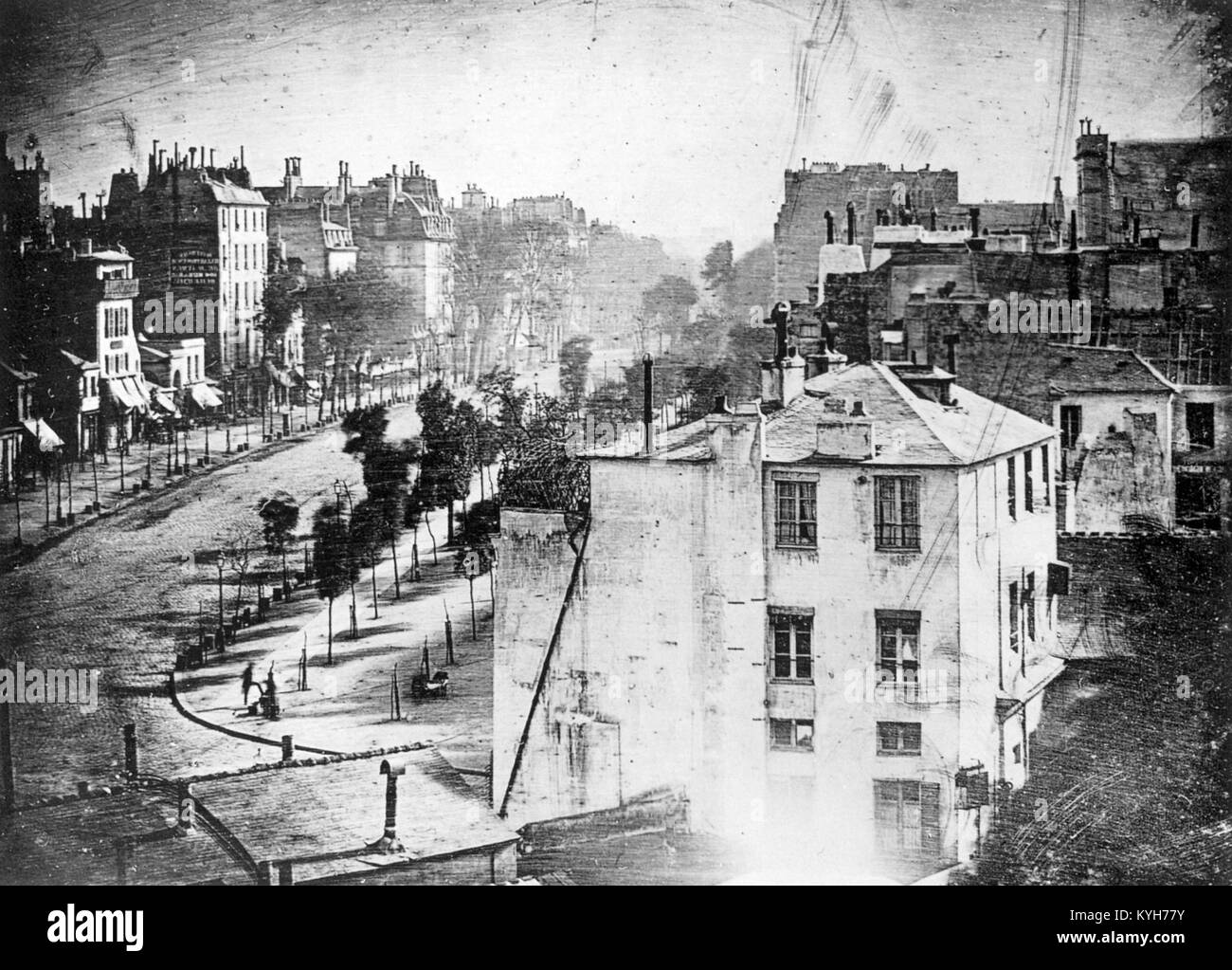 "Boulevard du Temple", prise par Daguerre en 1838 à Paris, comprend la plus ancienne photo d'une personne sincère. Banque D'Images