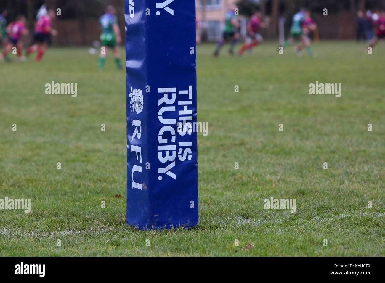 Un RFU, (Rugby Football Union) 'c'est officiel Rugby Rugby' poster photo protecteur pendant un match de rugby à Bognor Regis, West Sussex, UK. Banque D'Images
