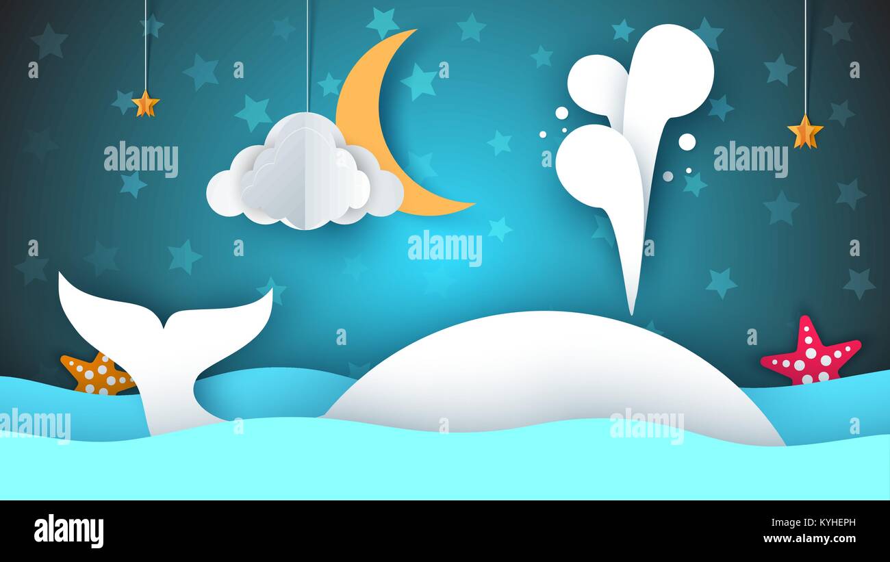 Whale, de la mer, étoile, ciel, lune - papier dessin illustration. Illustration de Vecteur
