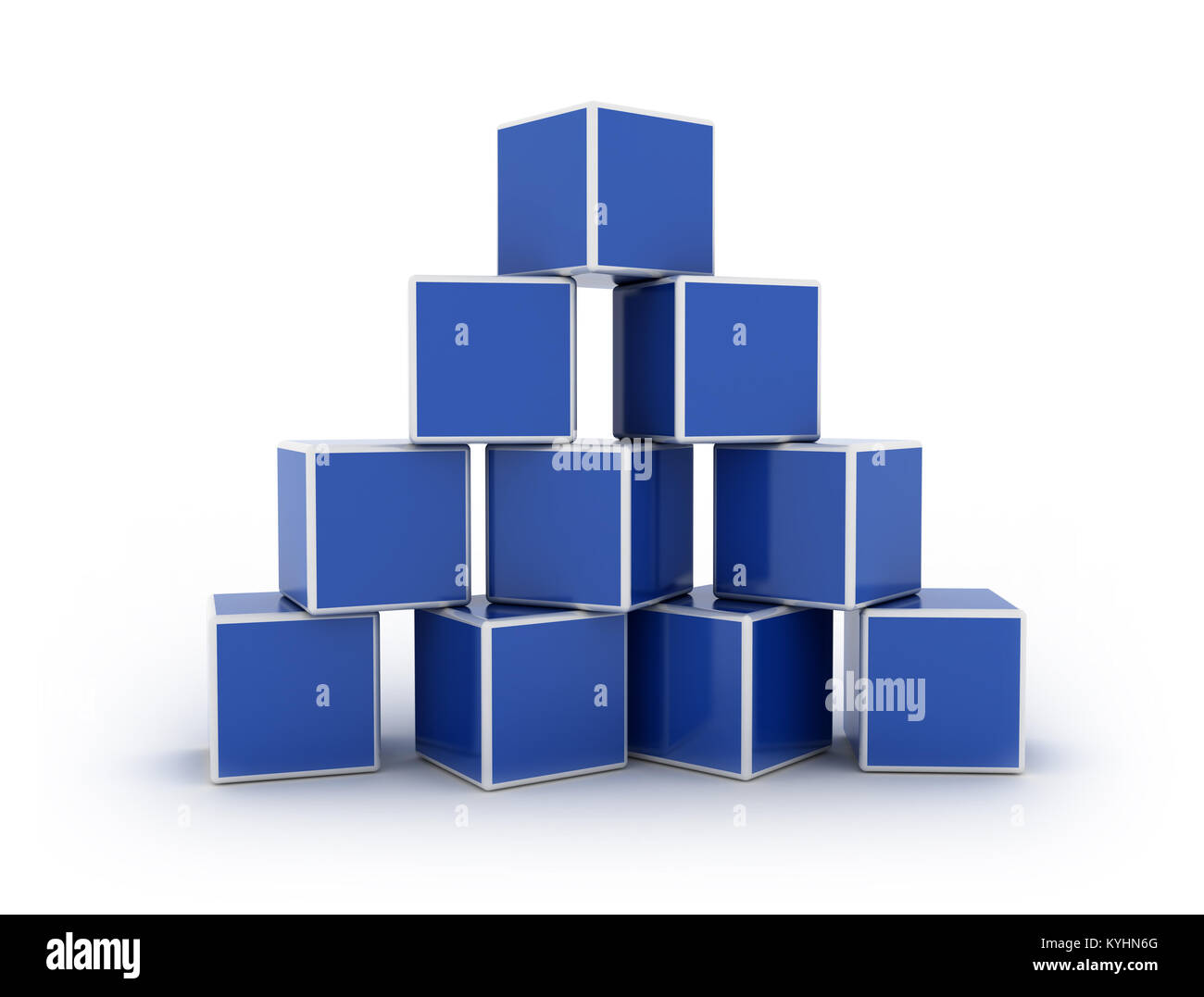 Pyramide des boîtes bleues empilées sur fond blanc Banque D'Images