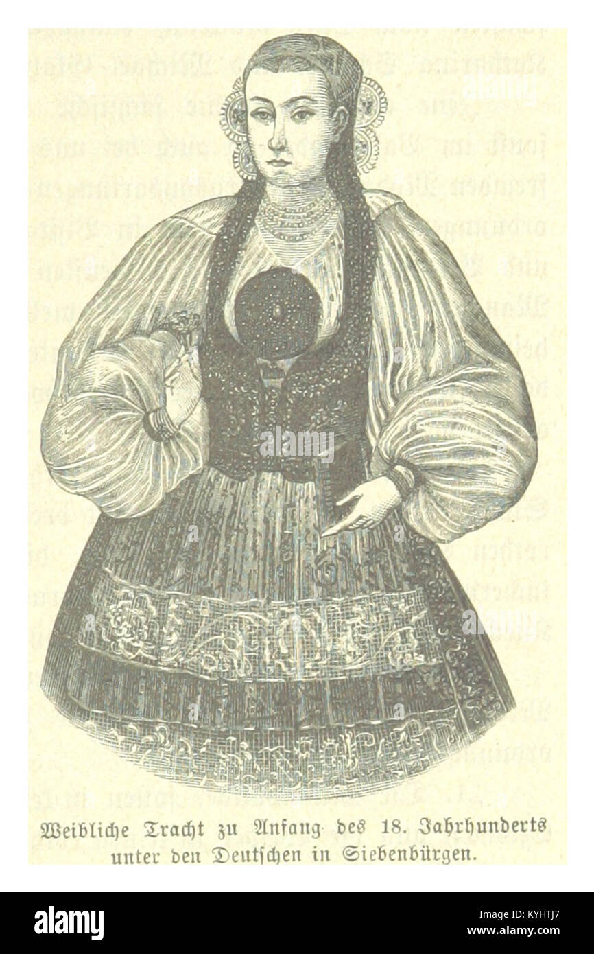 Illustration de Salzer (1881) représentant la tenue traditionnelle des femmes saxonnes en Transylvanie, montrant le patrimoine culturel et les pratiques sartorielles du début du XVIIIe siècle. Banque D'Images