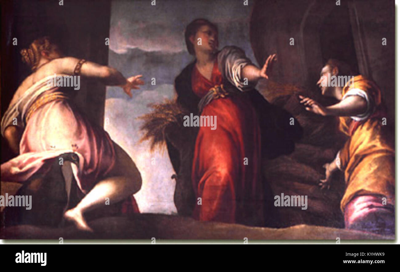 'Psiche respinta da Cerere e da Giunone' de Sante Peranda représente la scène mythologique de Psyché rejetée par Cérès et Junon, montrant le style artistique baroque et les thèmes mythologiques. Banque D'Images