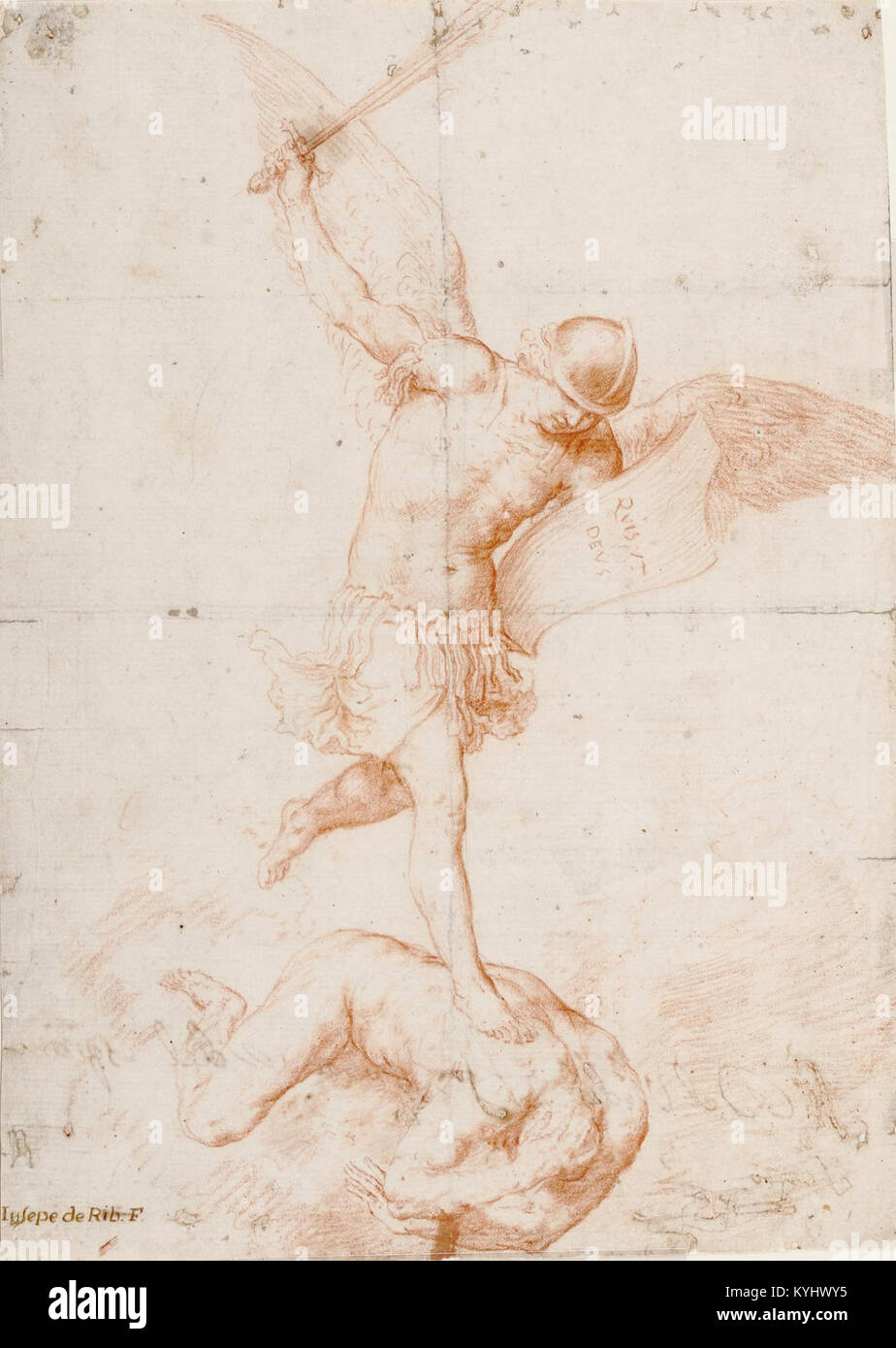 Ce tableau représente San Miguel Arcángel, créé par José de Ribera. Il illustre l'archange dans l'iconographie religieuse, mettant l'accent sur le style artistique baroque, l'éclairage dramatique et la représentation détaillée de la figure. Banque D'Images